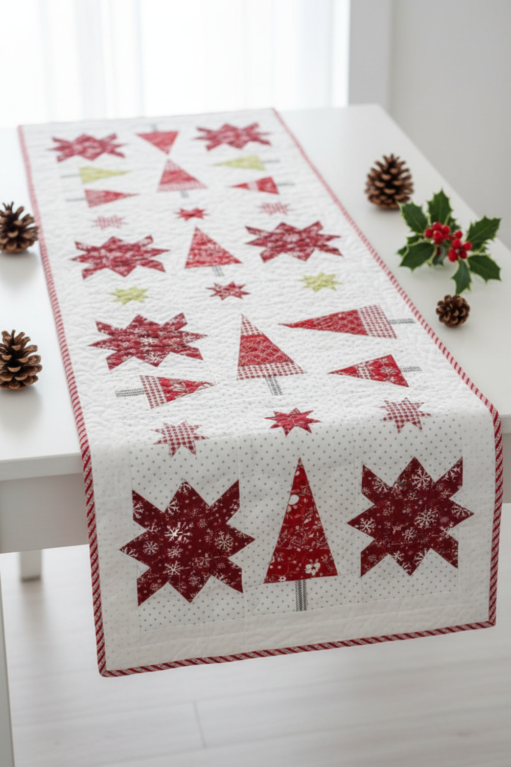 Winter Solstice II Red Snowflakes Metallic quilting cotton by Jason Yenter for In The Beginning Fabrics — shown in a finished quilted Christmas table runner featuring tree and star blocks on a white dotted background with red and white binding, styled with pine cones and holly. Quilts shown for inspiration. Coordinating fabrics and quilt patterns are available at IraRobi Quilts.