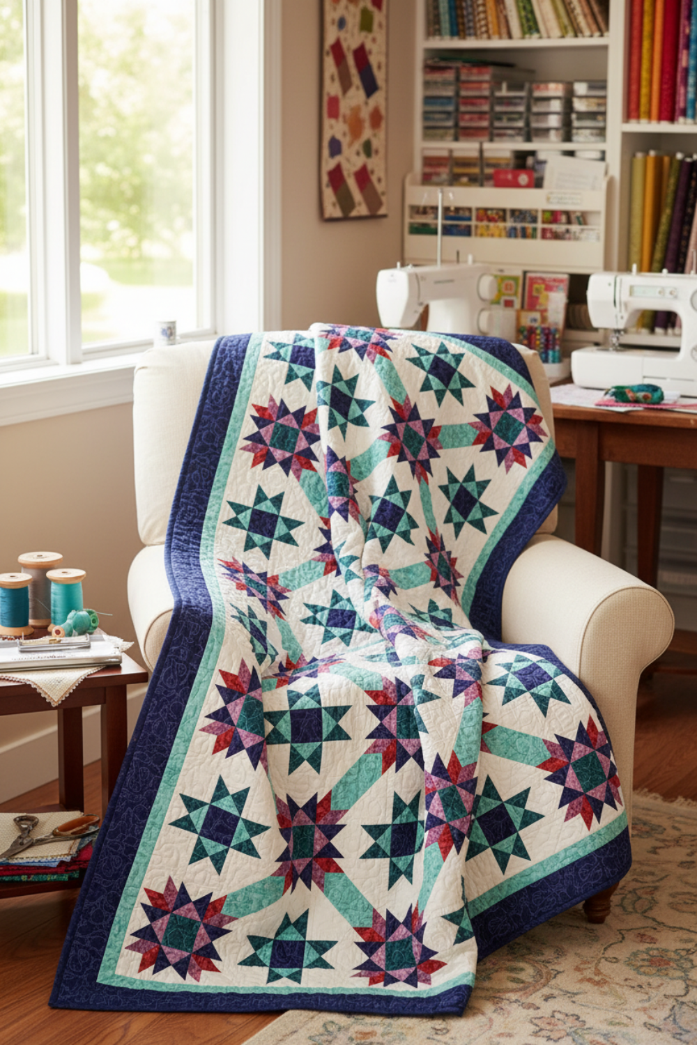 Starlit Pathways quilt pattern by Studio 180 Design — stunning Hunter's Star variation in teal, purple, and red batiks with navy border — available in throw, extra long twin, and king sizes — uses Rapid Fire Hunter's Star Large Star and Tucker Trimmer I tools — pattern DTDD104 by Sarah Furrer