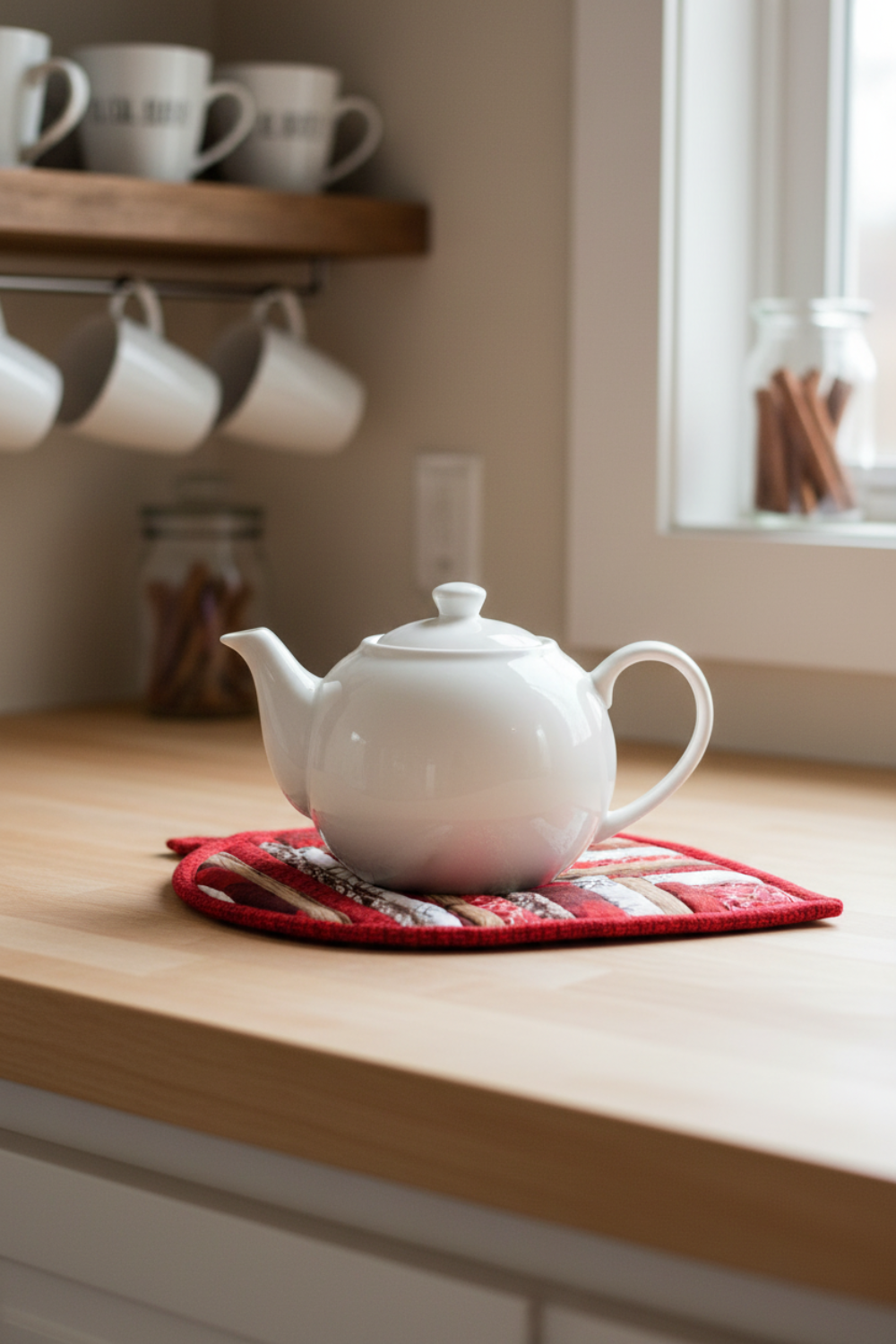 Leaf-Shaped Quilted Hot Pad in Christmas Red under a white teapot – handmade kitchen gift at IraRobi Quilts | #quiltedhome #hotpad #handmadegift