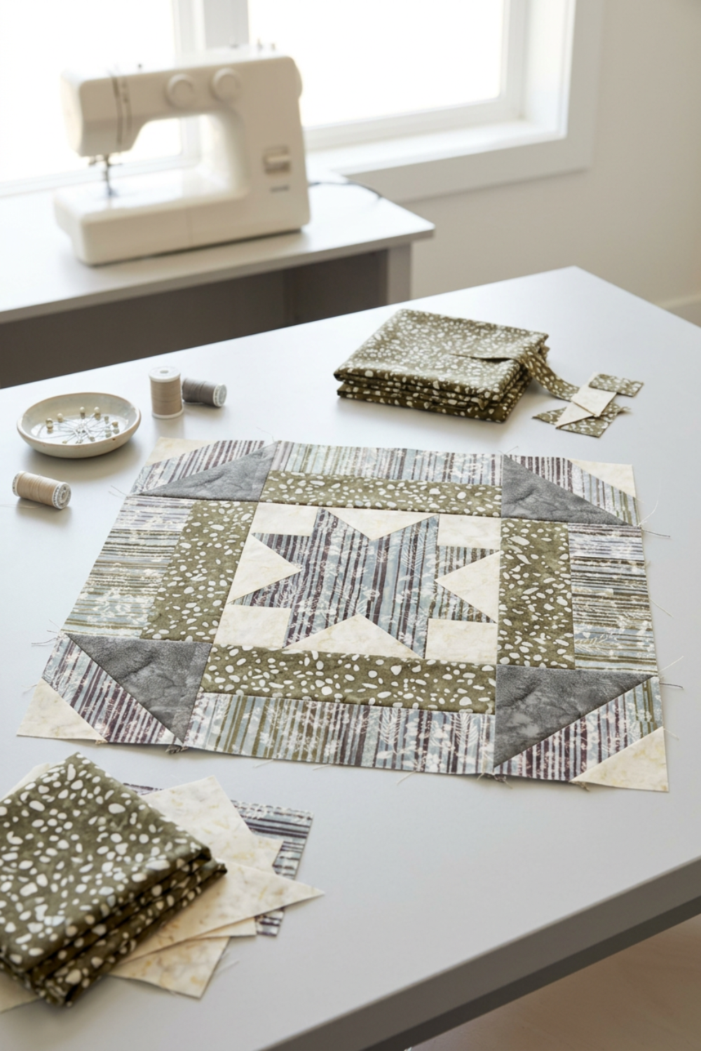 Unfinished striped star quilt block with a Khaki pebble-print frame beside folded fabric, remnants, pins, thread, and a sewing machine. Quilt blocks shown for inspiration. Coordinating fabrics and quilt patterns are available at IraRobi Quilts.