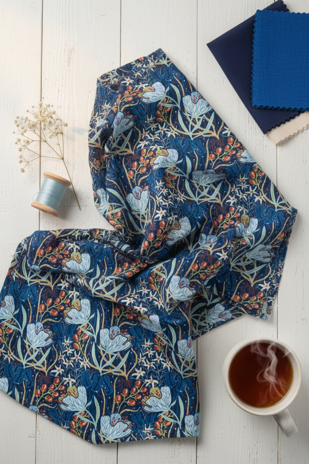 Whimsy Anemones and Berry Pods Blue 3 Yard Cut quilting cotton by Jason Yenter for In The Beginning Fabrics — loosely draped on a linen surface with coordinating navy, cobalt, and cream fabric swatches, light blue thread spool, dried botanicals, and a mug of tea. Coordinating fabrics and quilt patterns are available at IraRobi Quilts.