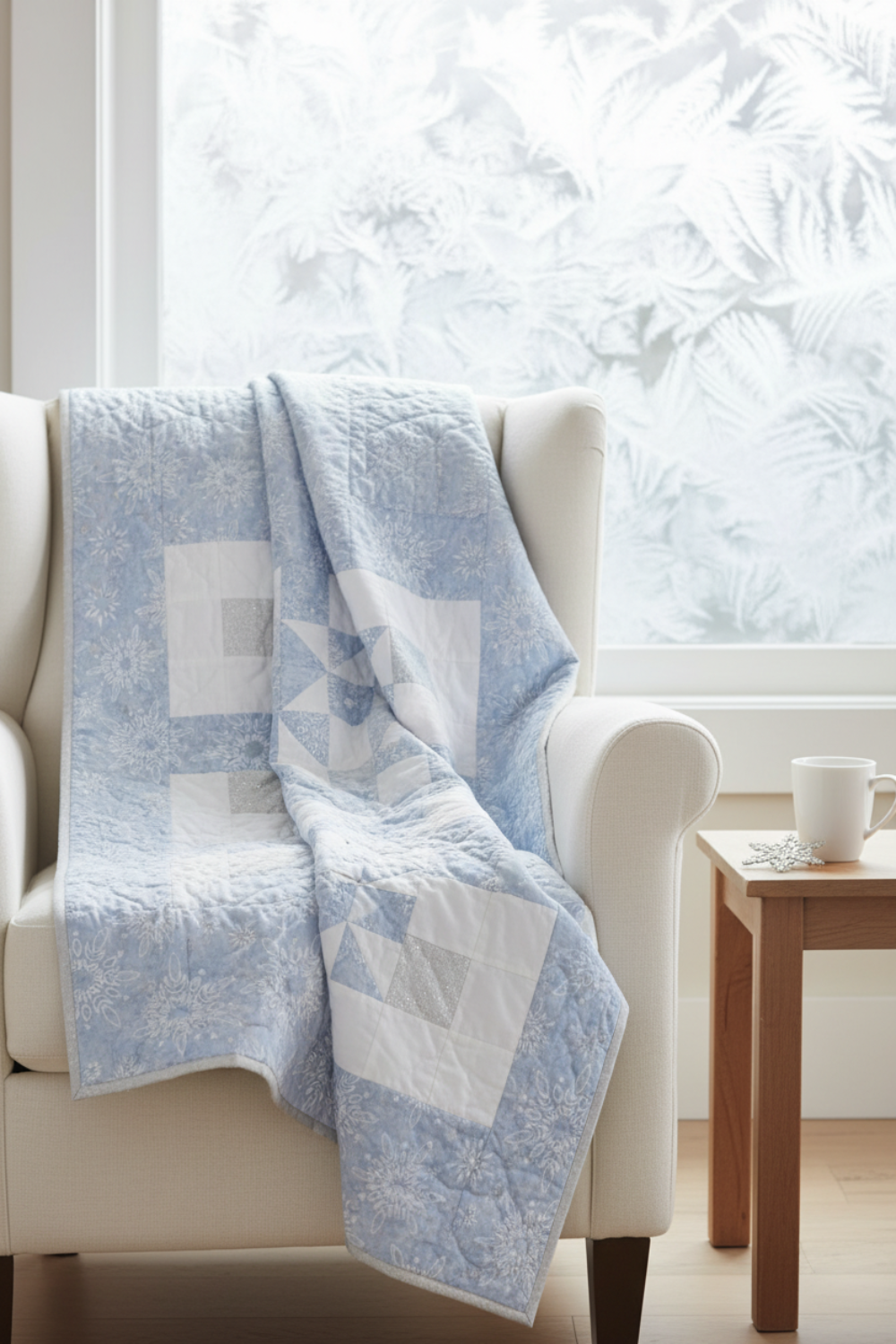 Cozy winter quilt draped over a white armchair featuring Winter Sparkle Glacier Artisan Batiks by Robert Kaufman Fabrics in soft powder blue with white snowflake motifs and silver metallic accents. Quilt blocks shown for inspiration. Coordinating fabrics and quilt patterns are available at IraRobi Quilts.