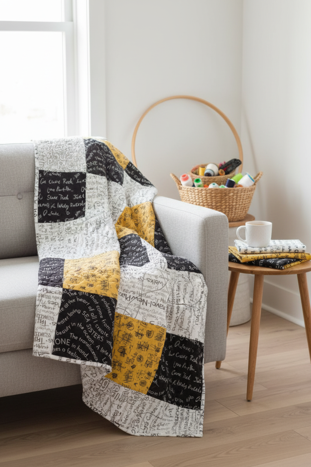 Patchwork quilt made with Writing on the Wall and Heat Wave FreeSpirit fabrics draped over grey sofa in cozy quilting room — black, white, and golden yellow word art prints