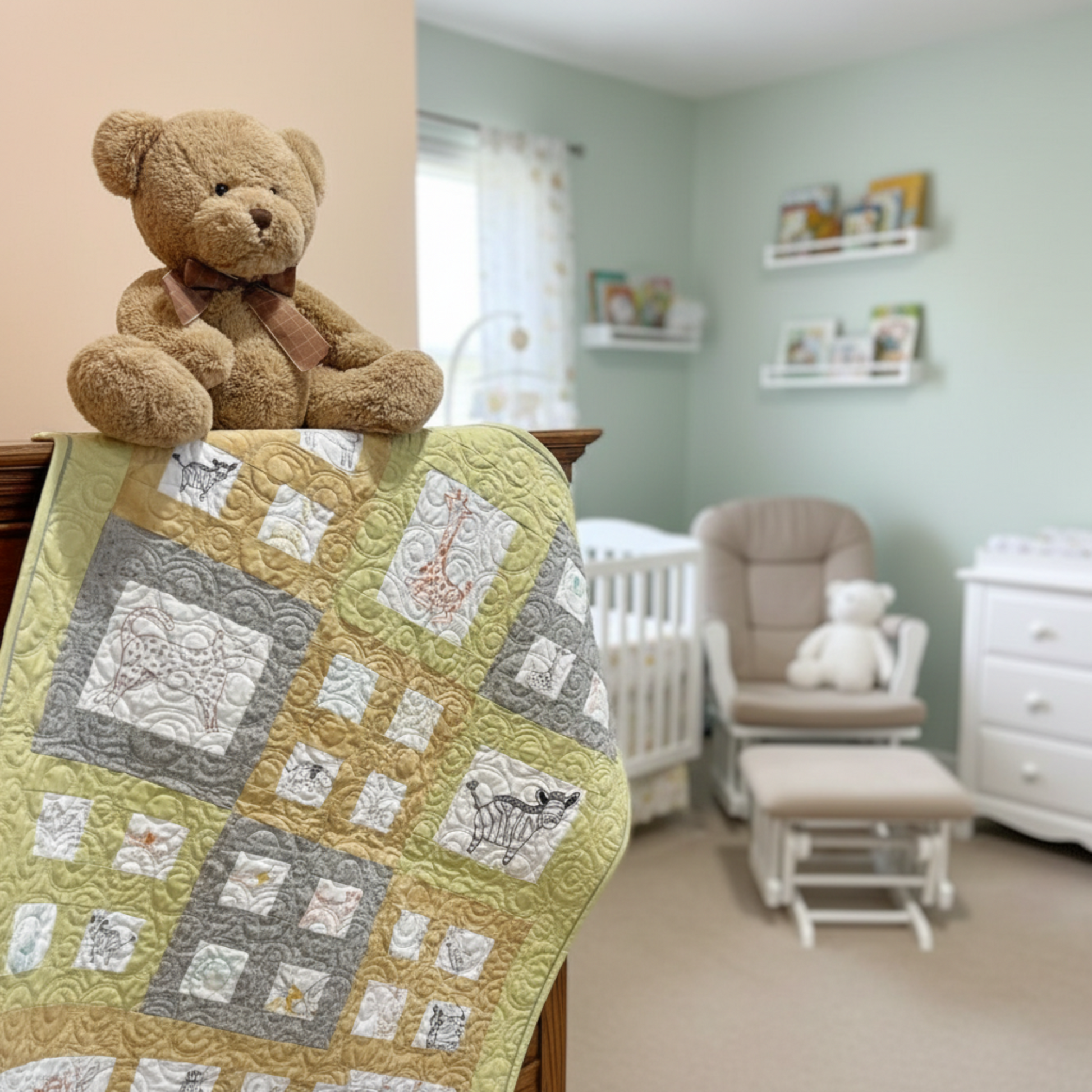 Nursery room with a teddy bear on a quilt, baby crib, and rocking chair.