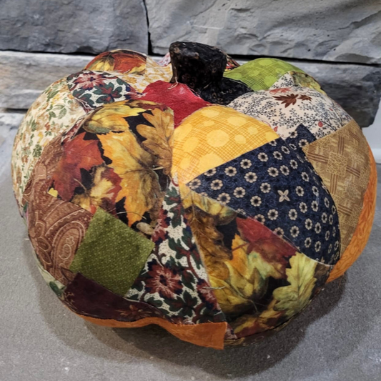 Scrappy Fabric Pumpkin 9" H x 11" W, 31" Diameter – Handmade Fall Décor