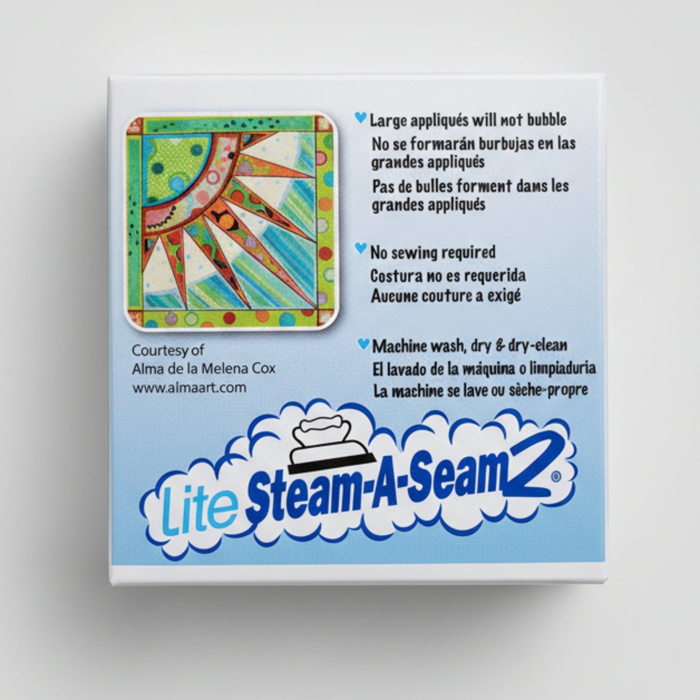Steam-A-Seam 2 Lite fusible web packaging highlighting no bubbling, no sewing, and washable bond
