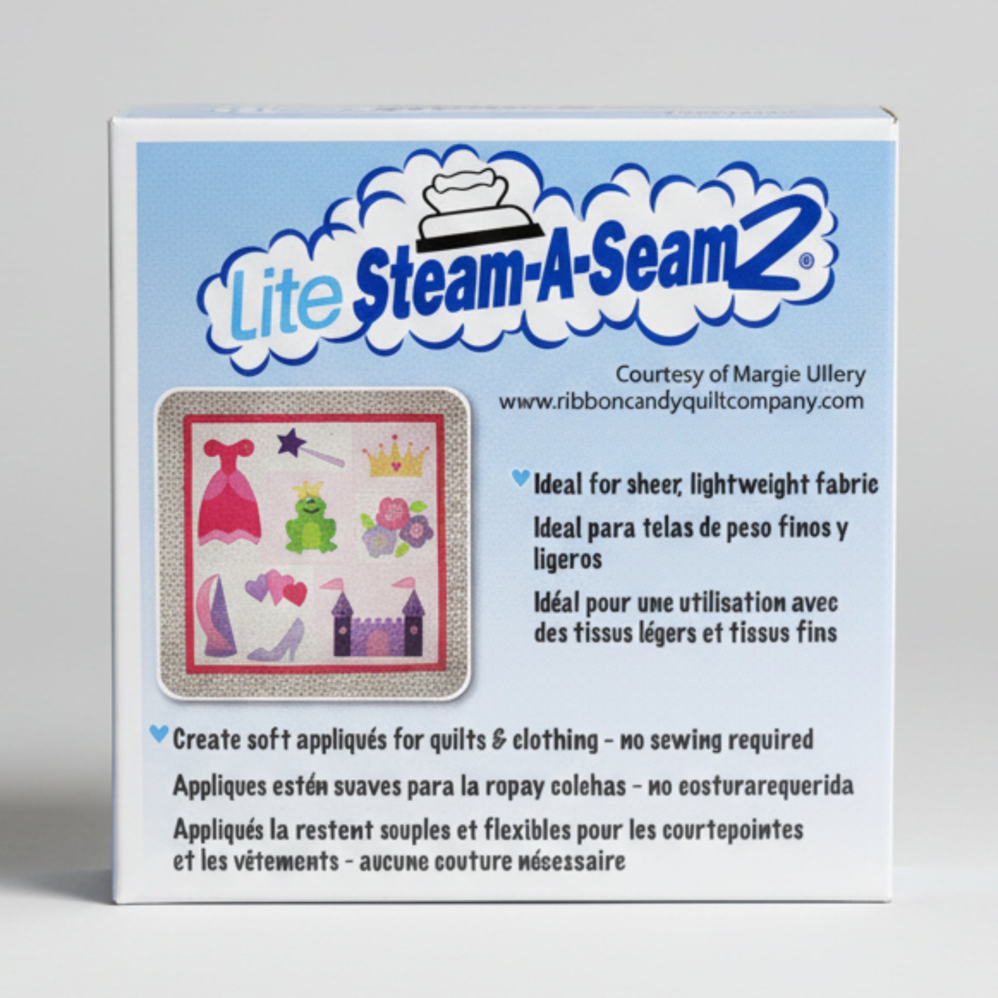 Steam-A-Seam 2 Lite fusible web packaging showing use for sheer and lightweight fabrics