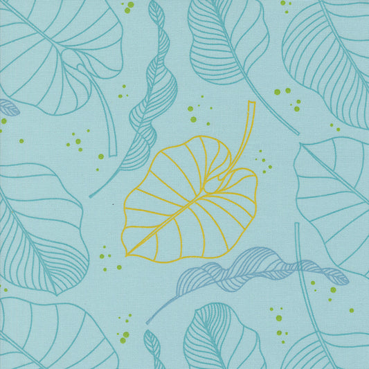 Olive You Leaves Mist Fabric by Zen Chic for Moda Fabrics, close-up of aqua, blue, and yellow outlined leaves with lime dots on pale mist blue.