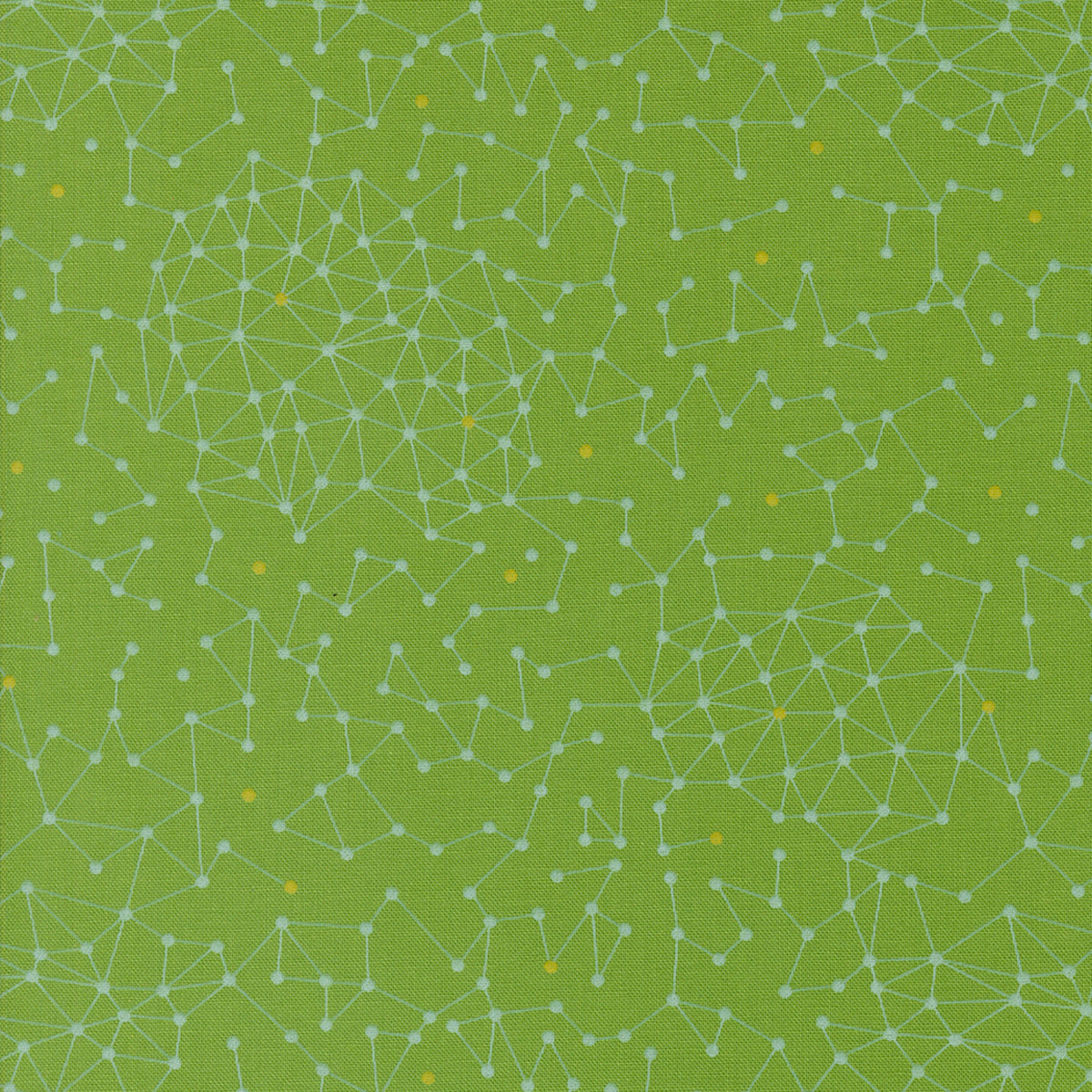 Olive You Net Fresh Grass Fabric by Zen Chic for Moda Fabrics, close-up of pale connected-dot lines and yellow accents on grass green.