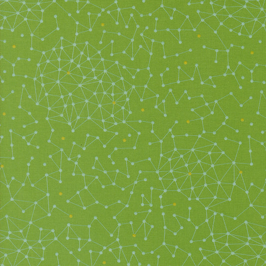 Olive You Net Fresh Grass Fabric by Zen Chic for Moda Fabrics, close-up of pale connected-dot lines and yellow accents on grass green.