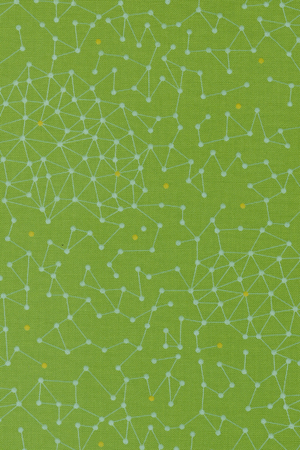 Olive You Net Fresh Grass Fabric by Zen Chic for Moda Fabrics, close-up of pale connected-dot lines and yellow accents on grass green.