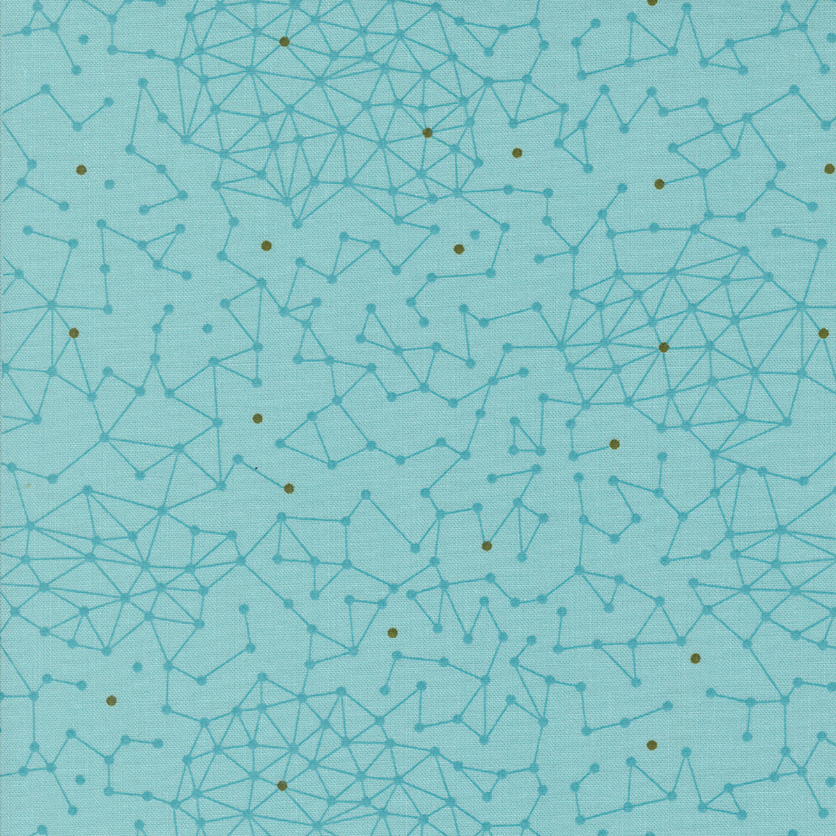 Olive You Net Spray Fabric by Zen Chic for Moda Fabrics, close-up of a teal constellation-like connected-dot net and olive accents on pale aqua.