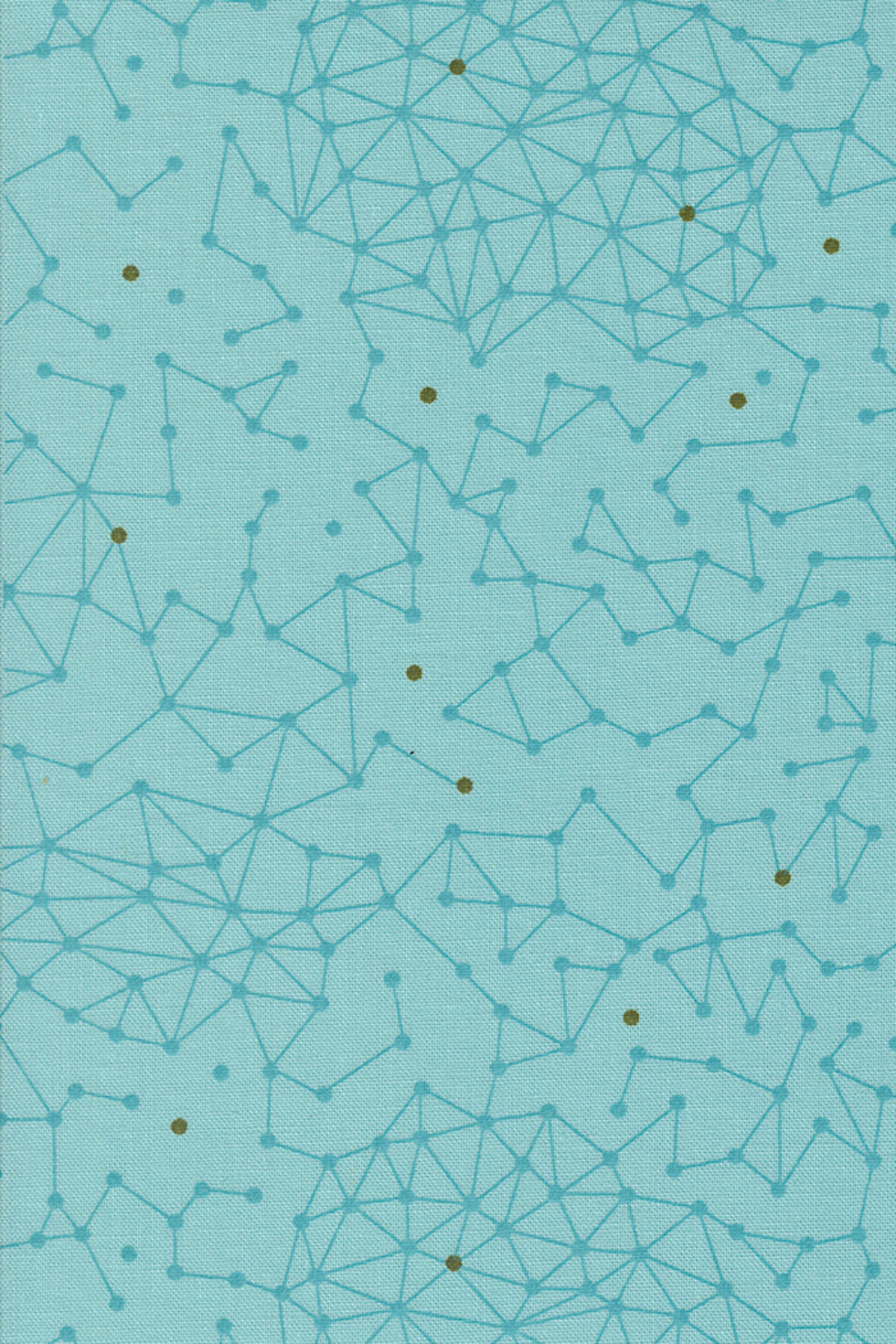 Olive You Net Spray Fabric by Zen Chic for Moda Fabrics, close-up of a teal constellation-like connected-dot net and olive accents on pale aqua.