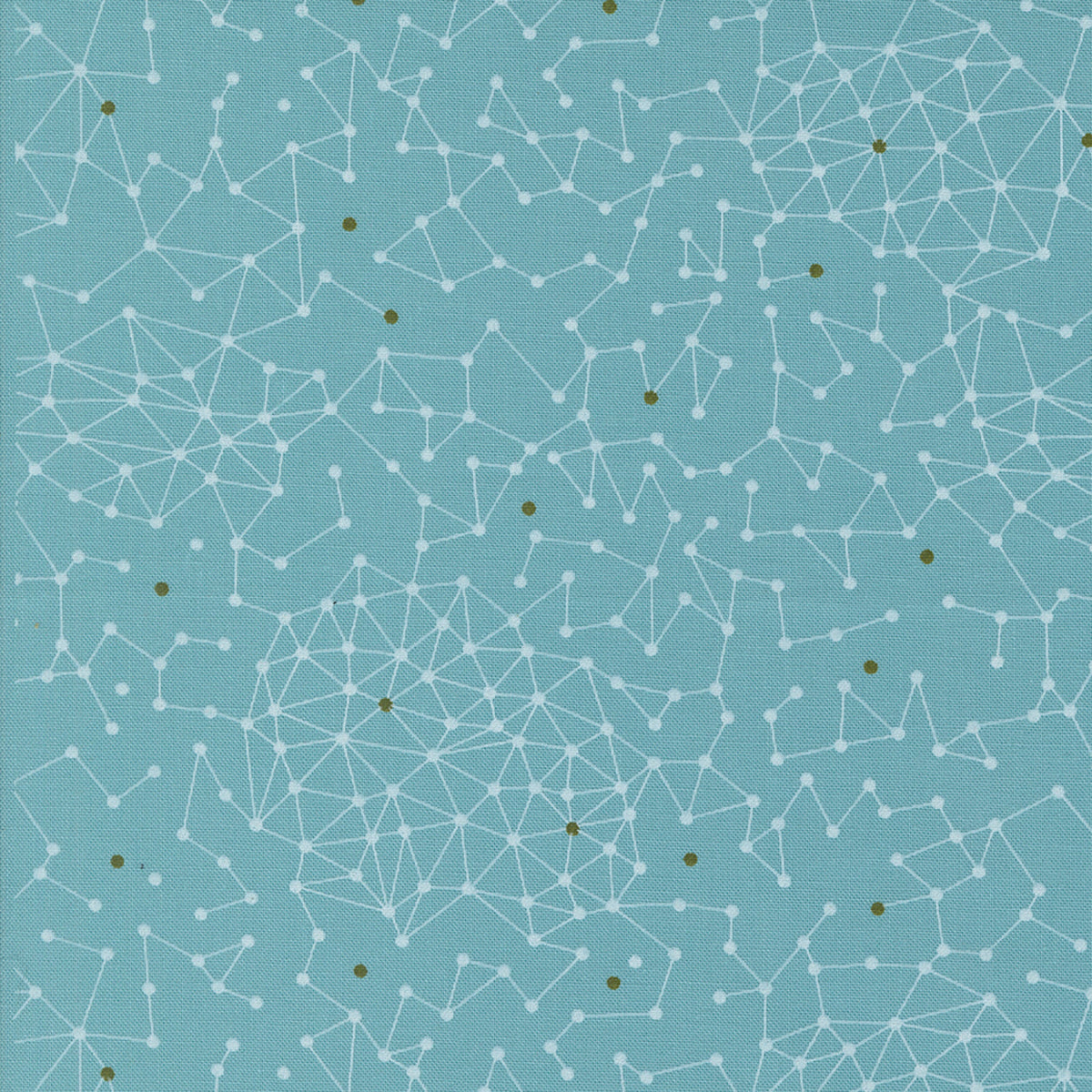 Olive You Net Sky Fabric by Zen Chic for Moda Fabrics, close-up of a pale constellation-like connected-dot net and olive accents on sky blue.