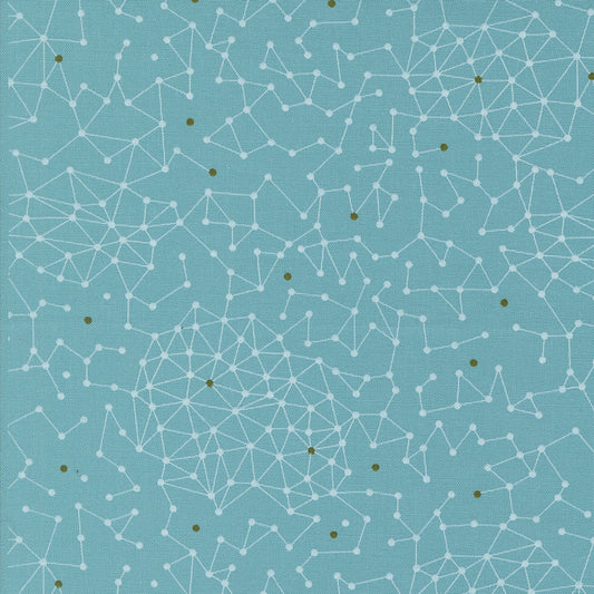 Olive You Net Sky Fabric by Zen Chic for Moda Fabrics, close-up of a pale constellation-like connected-dot net and olive accents on sky blue.