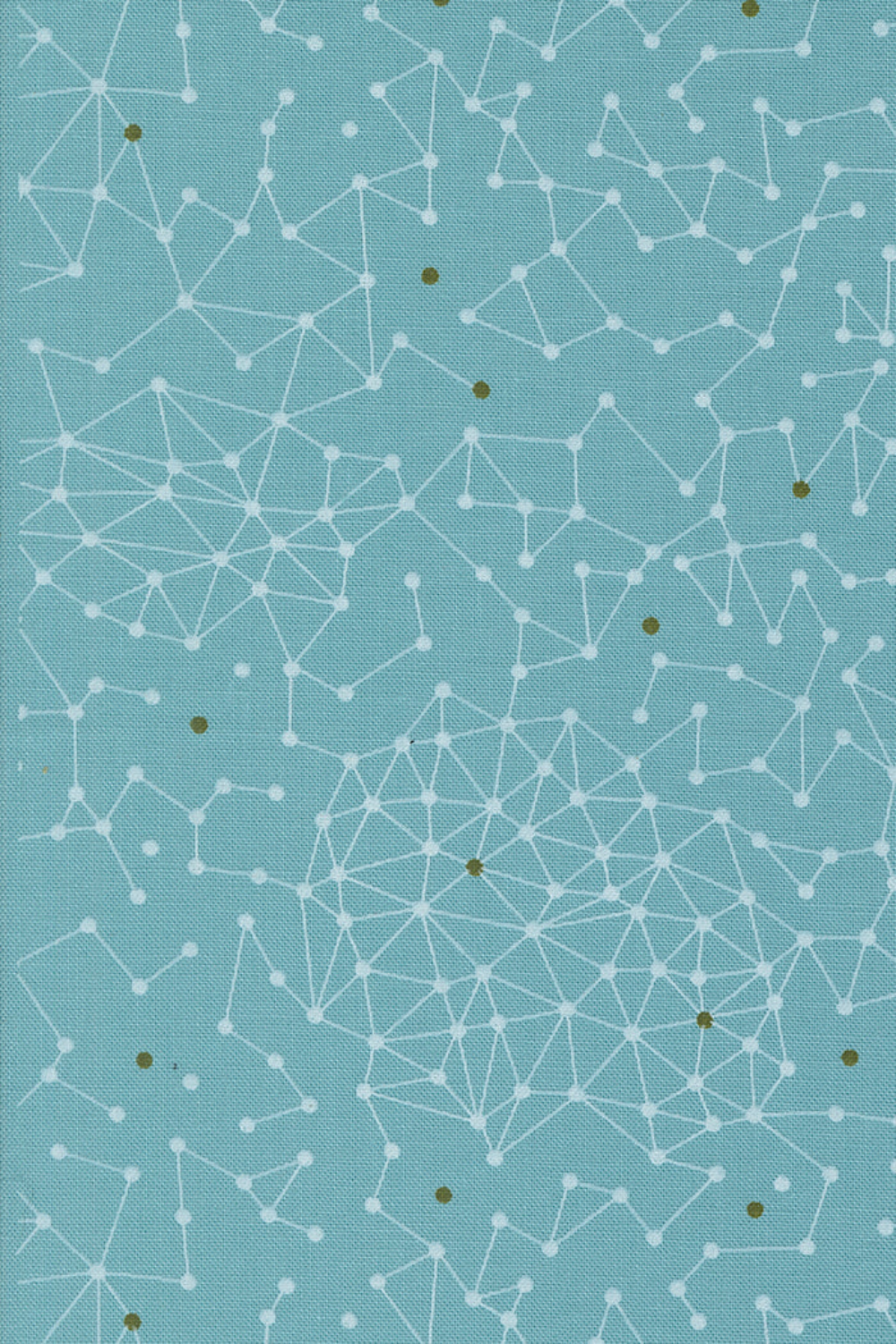 Olive You Net Sky Fabric by Zen Chic for Moda Fabrics, close-up of a pale constellation-like connected-dot net and olive accents on sky blue.