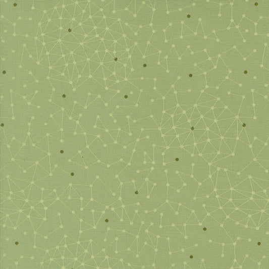 Olive You Net Sage Fabric by Zen Chic for Moda Fabrics, close-up of a pale constellation-like connected-dot net and dark olive accents on sage green.