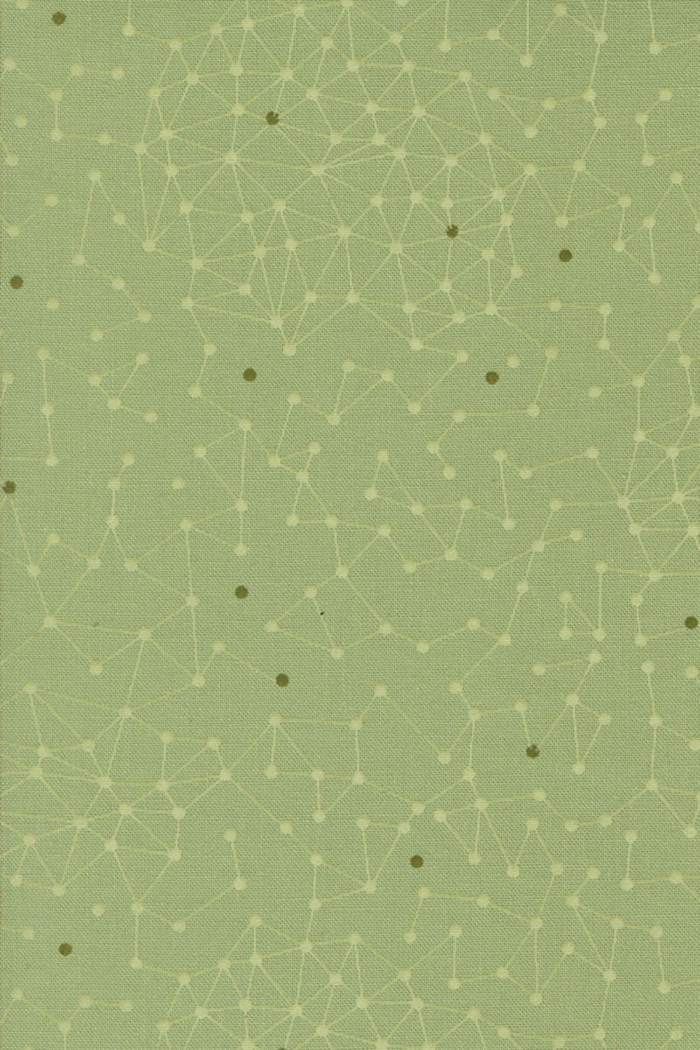 Olive You Net Sage Fabric by Zen Chic for Moda Fabrics, close-up of a pale constellation-like connected-dot net and dark olive accents on sage green.