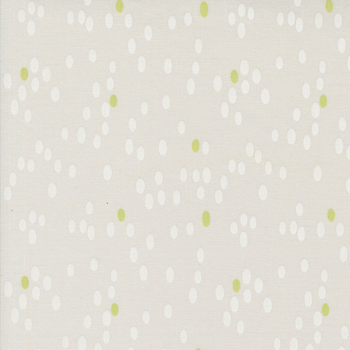 Olive You Dots Fog Fabric by Zen Chic for Moda Fabrics, close-up of white dots and lime-green accents on pale fog gray.