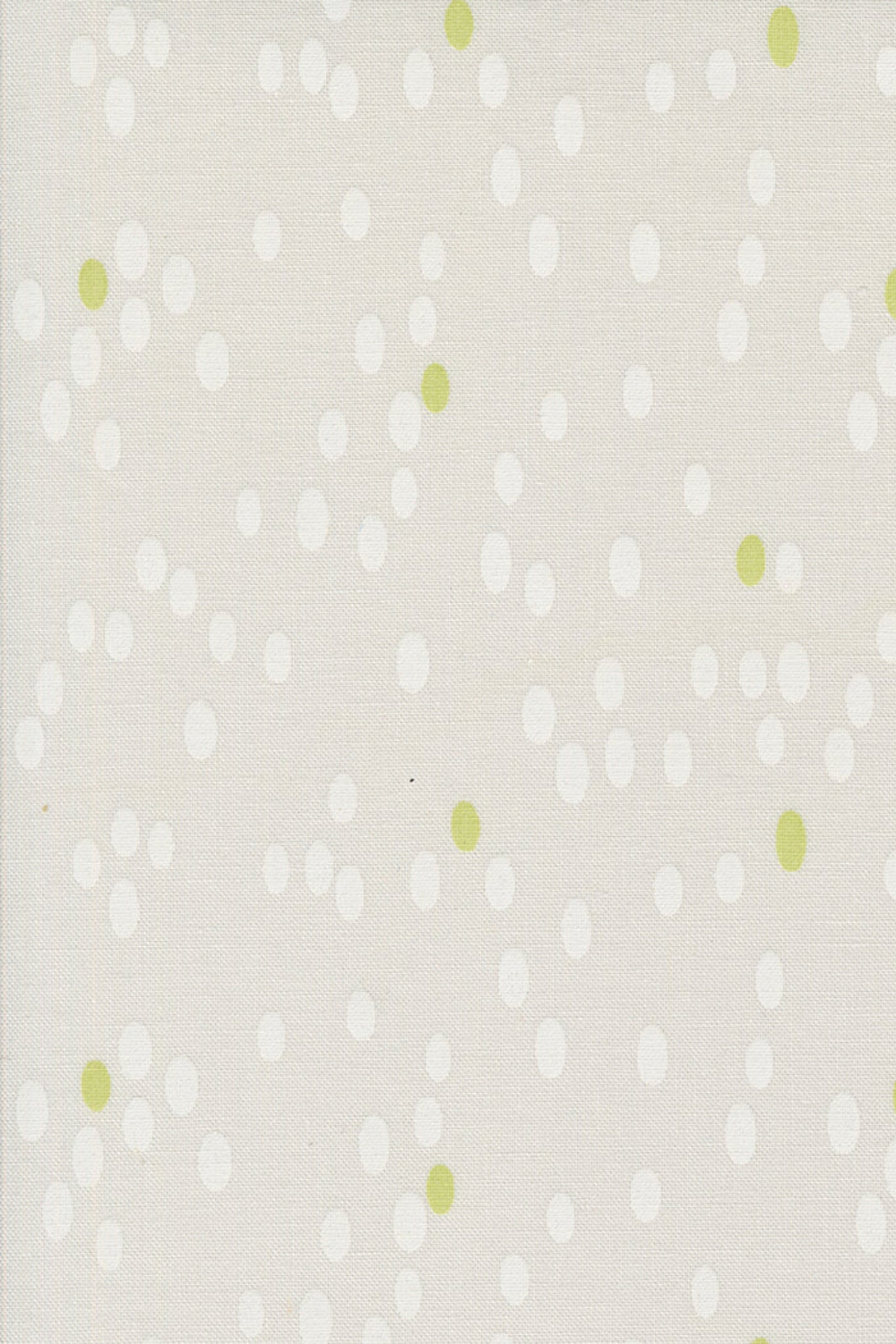 Olive You Dots Fog Fabric by Zen Chic for Moda Fabrics, close-up of white dots and lime-green accents on a pale fog-gray background.