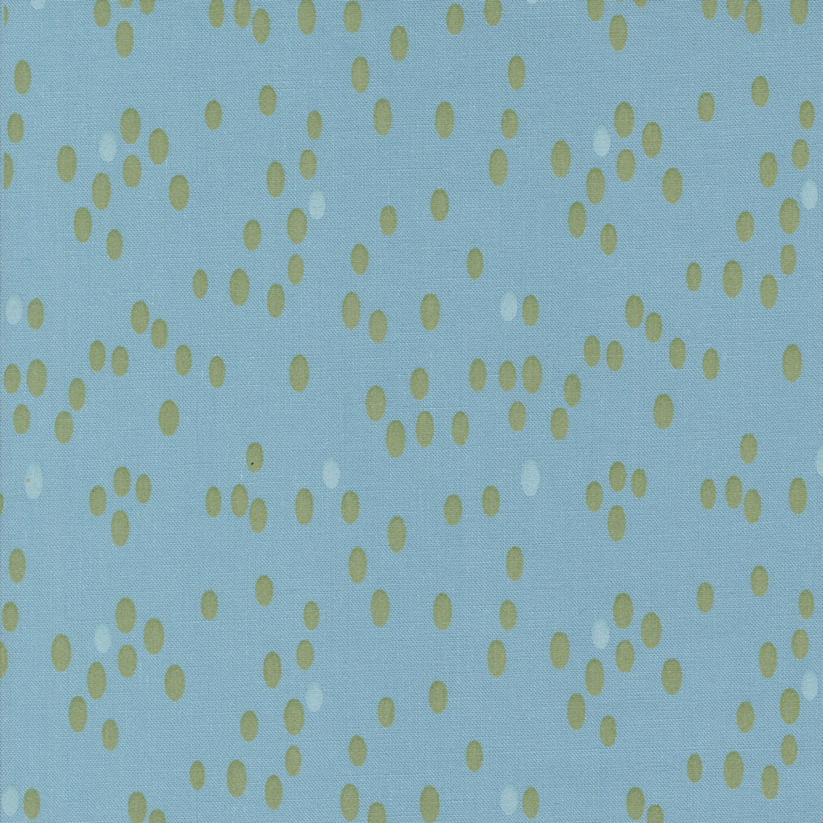 Olive You Dots Glacier Fabric by Zen Chic for Moda Fabrics, close-up of green and pale oval dots on a glacier-blue background.