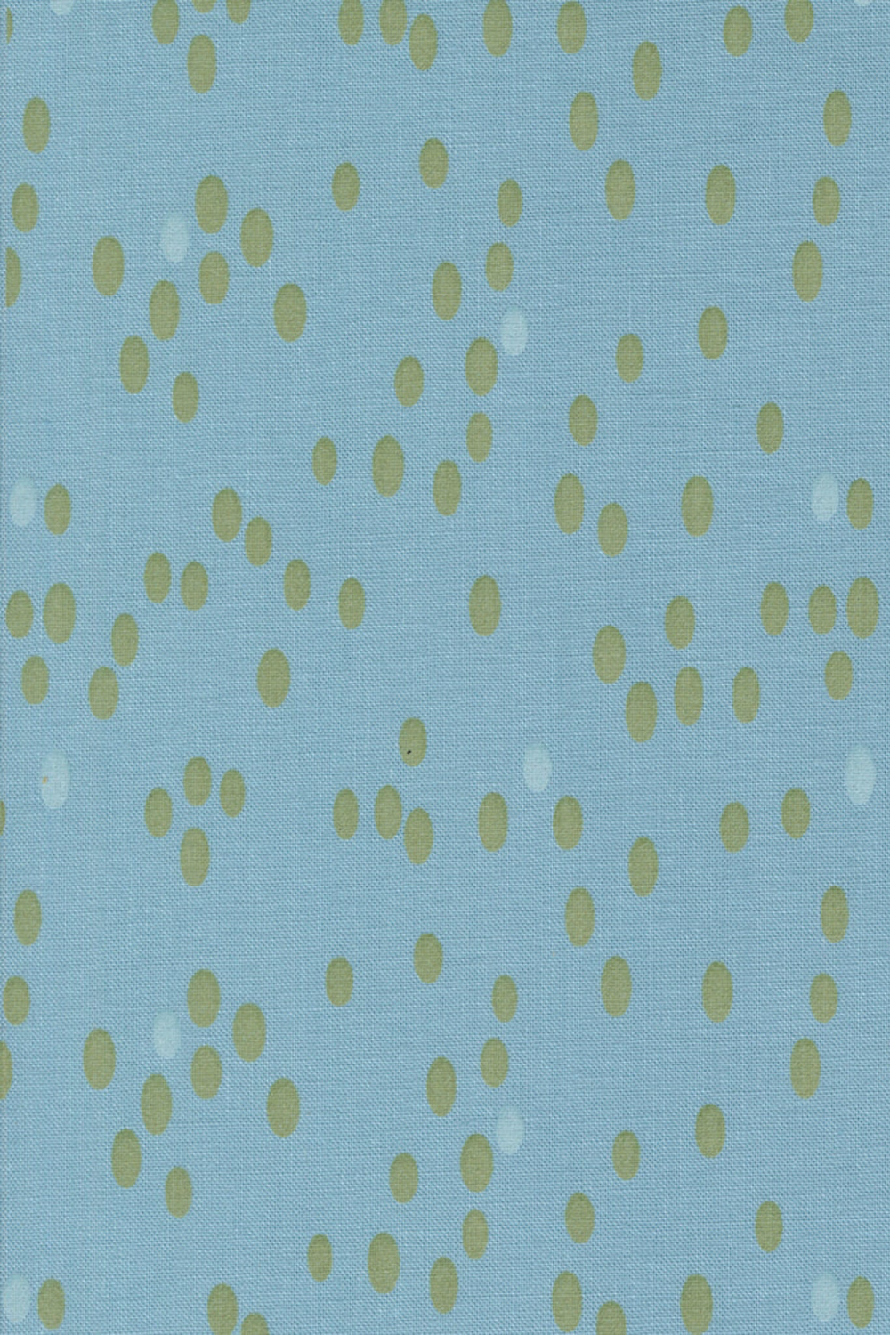 Olive You Dots Glacier Fabric by Zen Chic for Moda Fabrics, close-up of green and pale oval dots on a glacier-blue background.