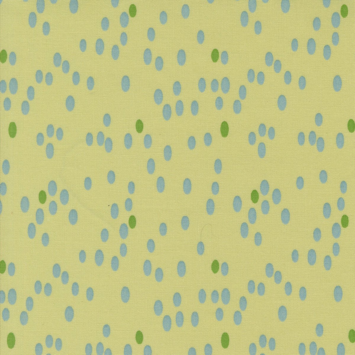 Olive You Dots Light Lime Fabric by Zen Chic for Moda Fabrics, close-up of aqua oval dots and green accents on a light lime background.