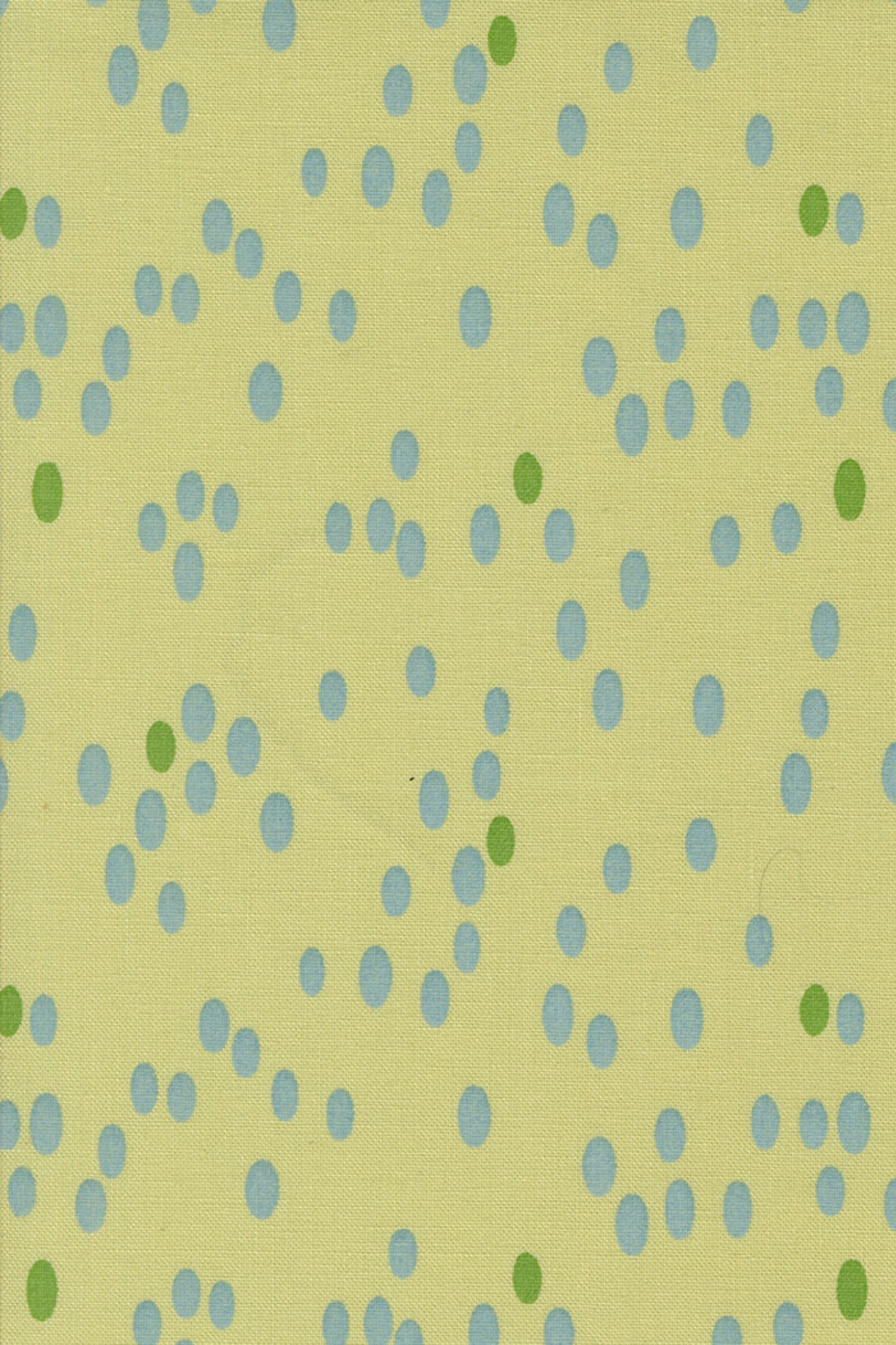 Olive You Dots Light Lime Fabric by Zen Chic for Moda Fabrics, close-up of aqua oval dots and green accents on a light lime background.