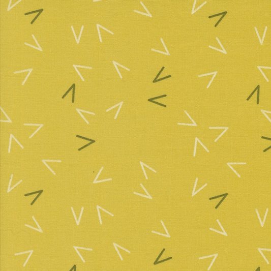 Olive You Arrows Maize Fabric by Zen Chic for Moda Fabrics, showing cream and olive-green arrows on a maize-yellow background.