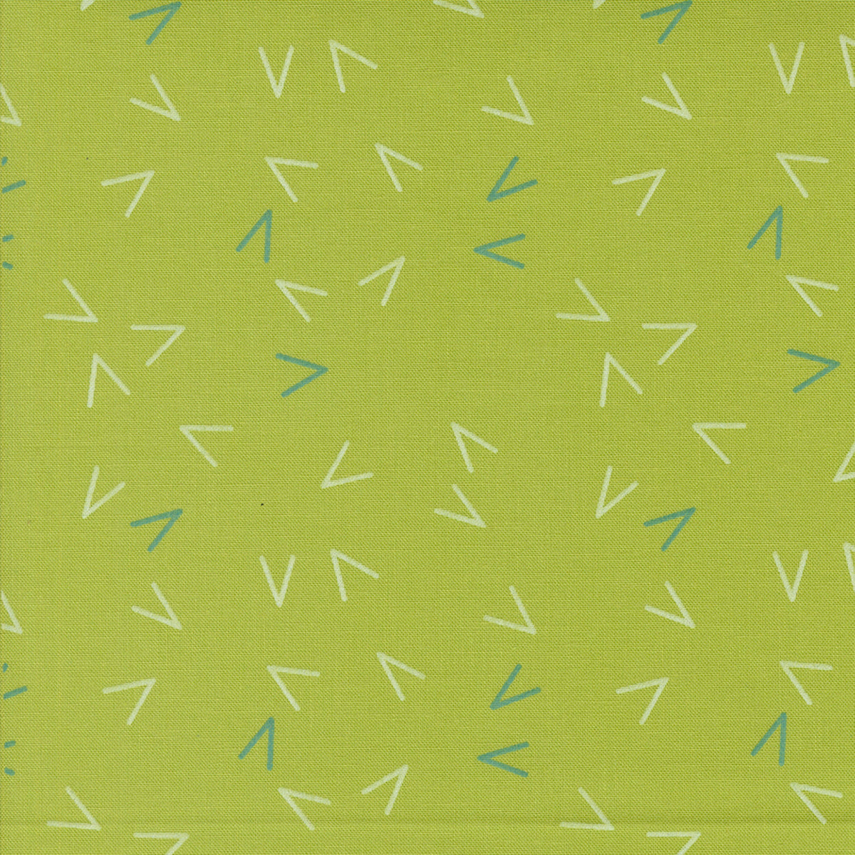 Close-up of Olive You Arrows Leaf fabric by Zen Chic for Moda Fabrics, with scattered white and blue-green arrow marks on a leaf-green background.
