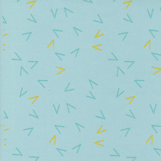 Olive You Arrows Mist Fabric by Zen Chic for Moda Fabrics, showing aqua and yellow arrow motifs on a pale mist-blue background.