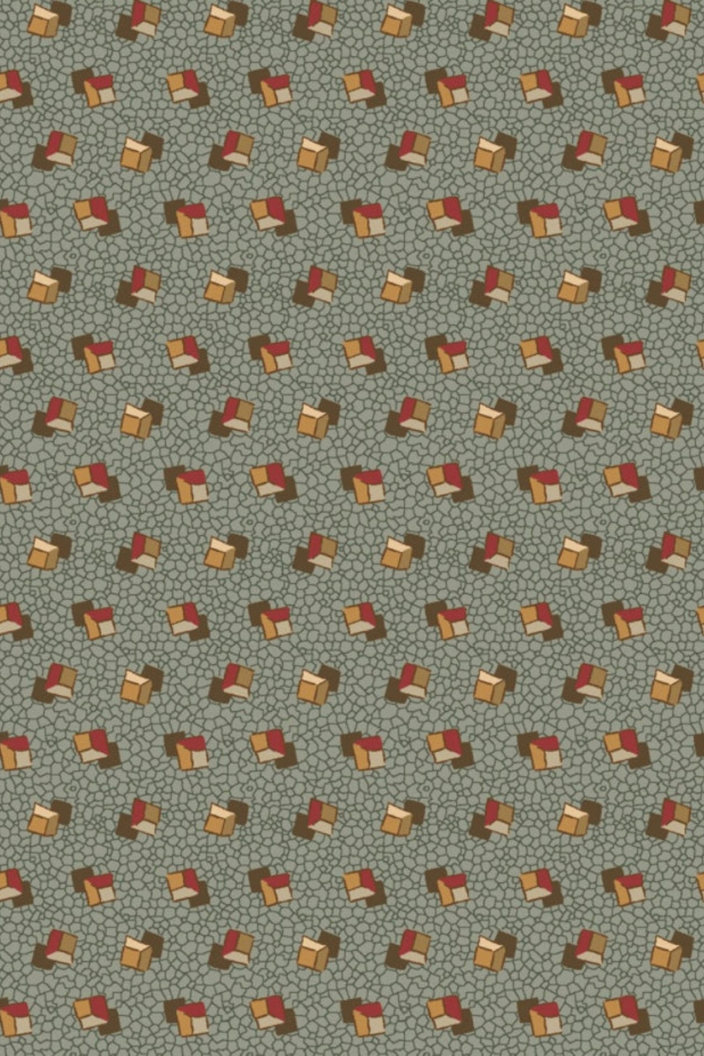 The Fox Homestead Slate Blue Green Tossed Cubes Fabric by Stacy West for Henry Glass — muted slate blue-green pebble ground with tossed tumbling cube motifs in warm gold, cream, burgundy, and dark brown. 100% cotton quilting fabric from The Fox Homestead collection — available at IraRobi Quilts.