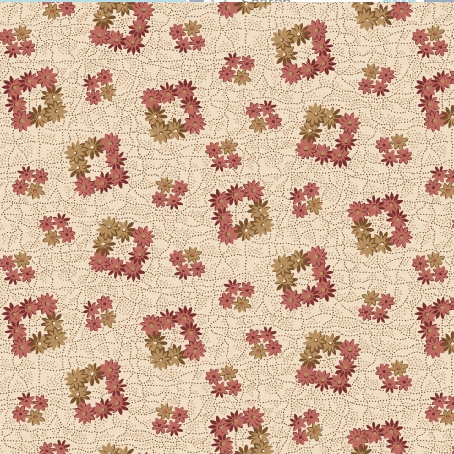 The Fox Homestead Cream Square Wreath quilting cotton flat lay showing full fabric repeat — warm cream ground with tossed loose daisy clusters in dusty rose, muted burgundy, and olive-khaki on a fine dotted swirl texture by Stacy West for Henry Glass