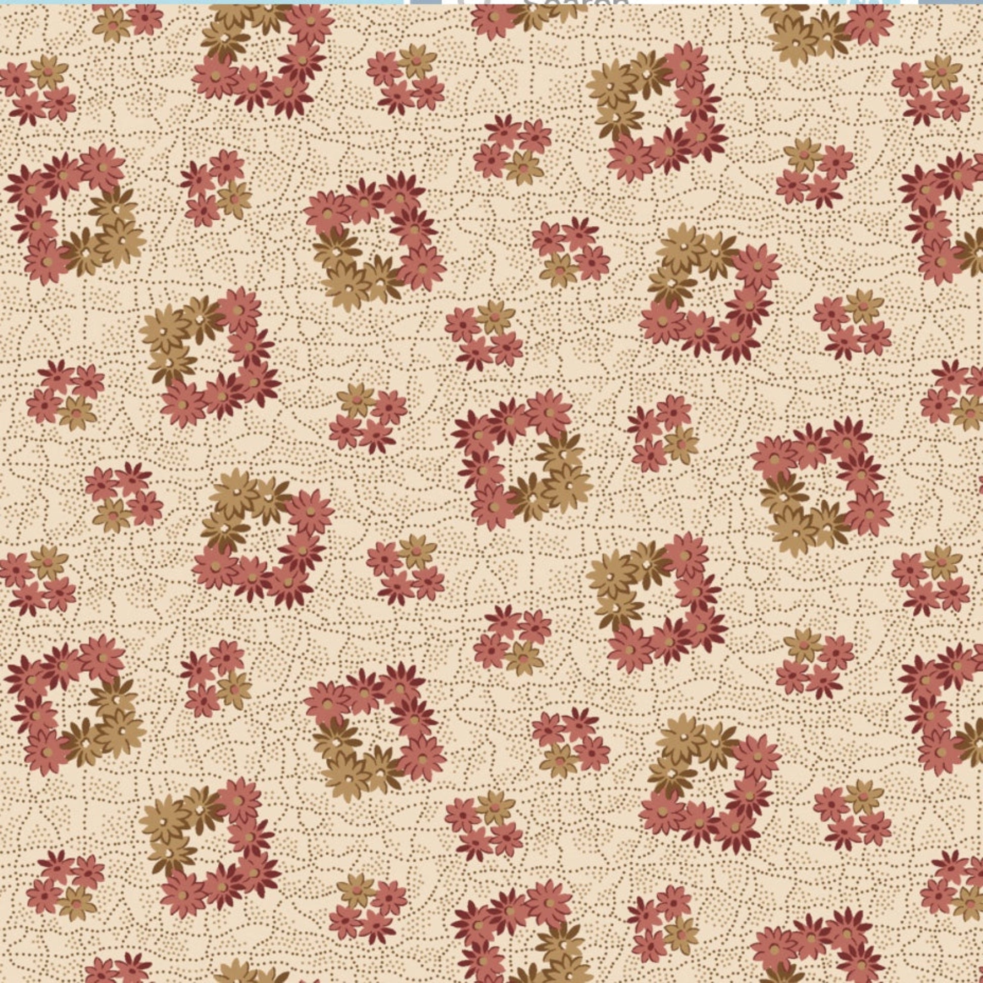 The Fox Homestead Cream Square Wreath quilting cotton flat lay showing full fabric repeat — warm cream ground with tossed loose daisy clusters in dusty rose, muted burgundy, and olive-khaki on a fine dotted swirl texture by Stacy West for Henry Glass