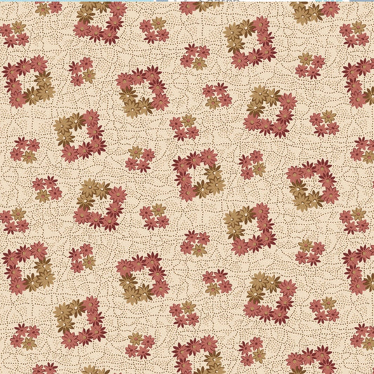 The Fox Homestead Cream Square Wreath quilting cotton flat lay showing full fabric repeat — warm cream ground with tossed loose daisy clusters in dusty rose, muted burgundy, and olive-khaki on a fine dotted swirl texture by Stacy West for Henry Glass