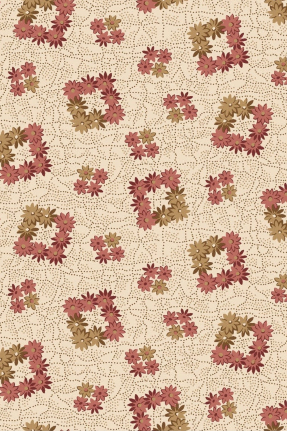 The Fox Homestead Cream Square Wreath quilting cotton by Stacy West for Henry Glass — cream ground with tossed daisy wreath clusters in dusty rose, burgundy, and olive on a fine dotted swirl texture — folk art quilting fabric