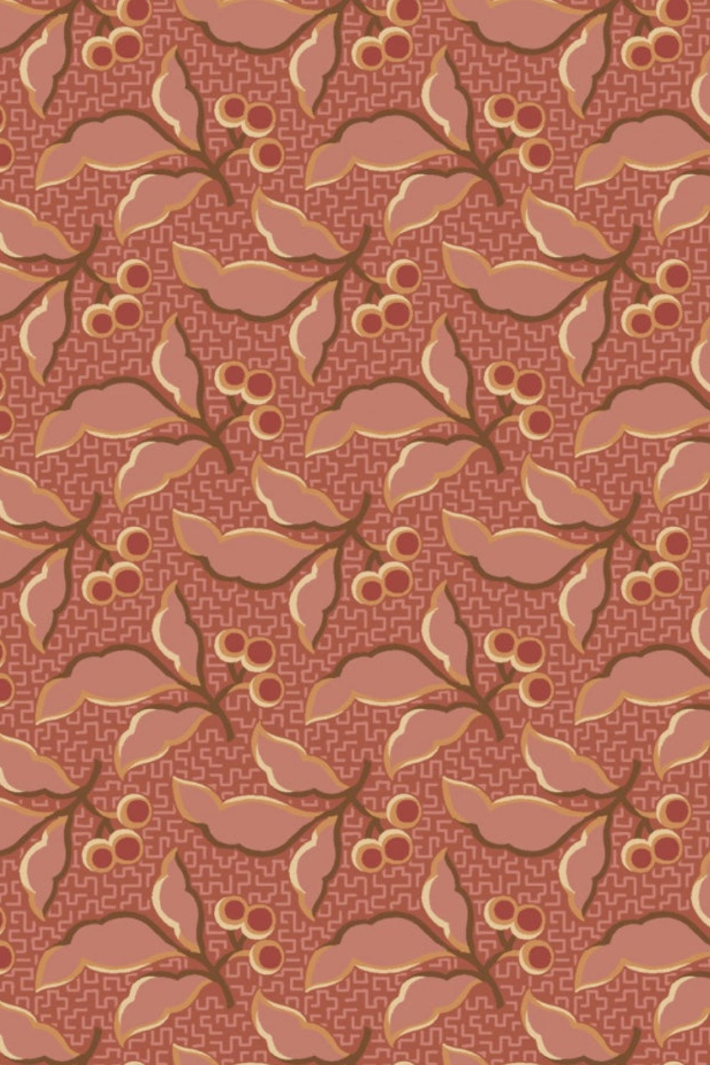 The Fox Homestead quilting cotton by Stacy West for Henry Glass — close-up of terra cotta berry and leaf print with cream and gold botanical motifs on a dusty rose ground with fine maze texture