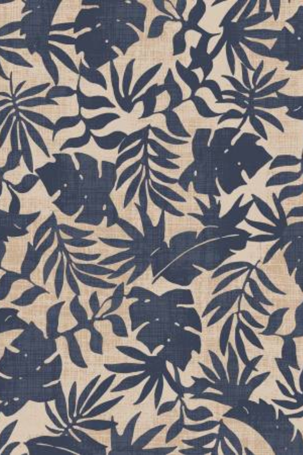Detailed view of Breezeway Textured Palms Blue/Cream fabric by Maywood Studio, showing navy and blue palm and monstera silhouettes on a cream ground.