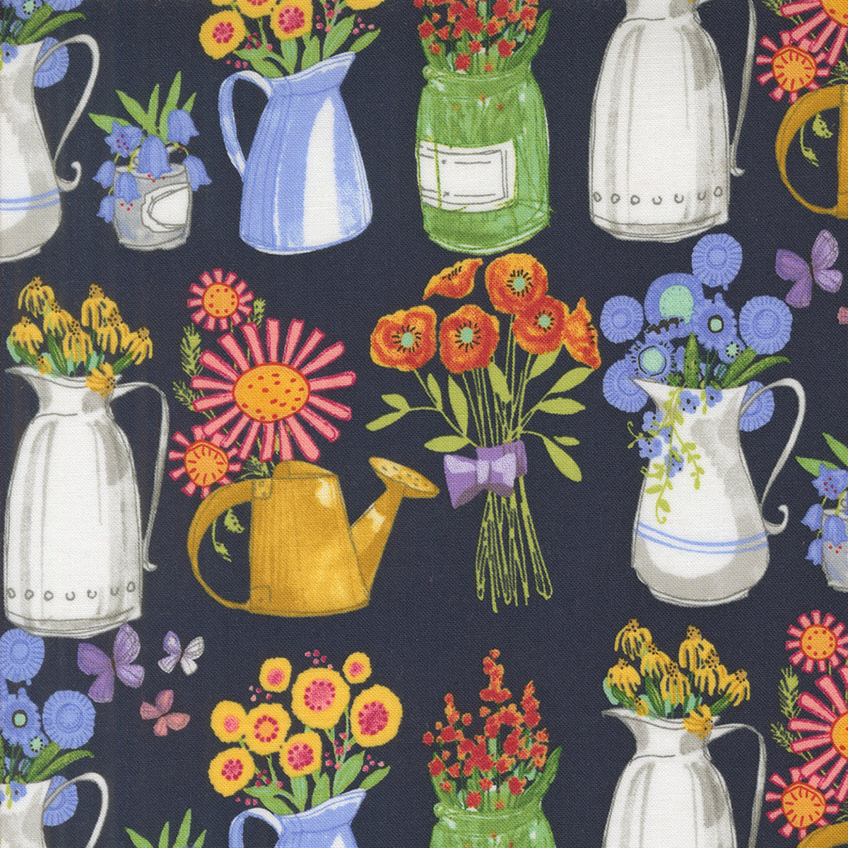 Superbloom Flea Market Vases Indigo fabric by Robin Pickens for Moda Fabrics, featuring colorful flowers in pitchers, jars, and yellow watering cans, with bouquets and butterflies on dark indigo.
