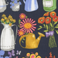 Superbloom Flea Market Vases Indigo fabric by Robin Pickens for Moda Fabrics, featuring colorful flowers in pitchers, jars, and yellow watering cans, with tied bouquets and butterflies on dark indigo.