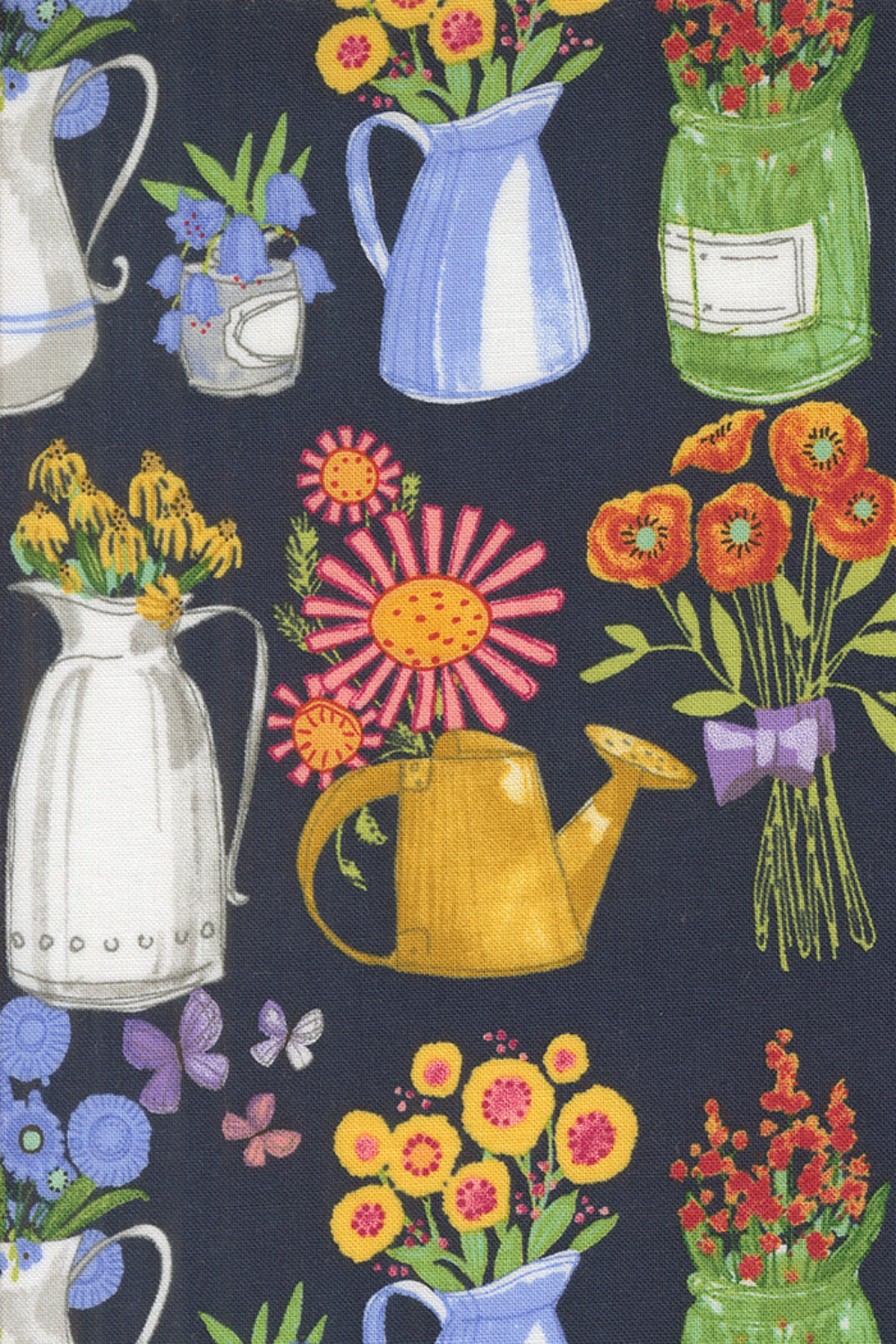 Superbloom Flea Market Vases Indigo fabric by Robin Pickens for Moda Fabrics, featuring colorful flowers in pitchers, jars, and yellow watering cans, with tied bouquets and butterflies on dark indigo.