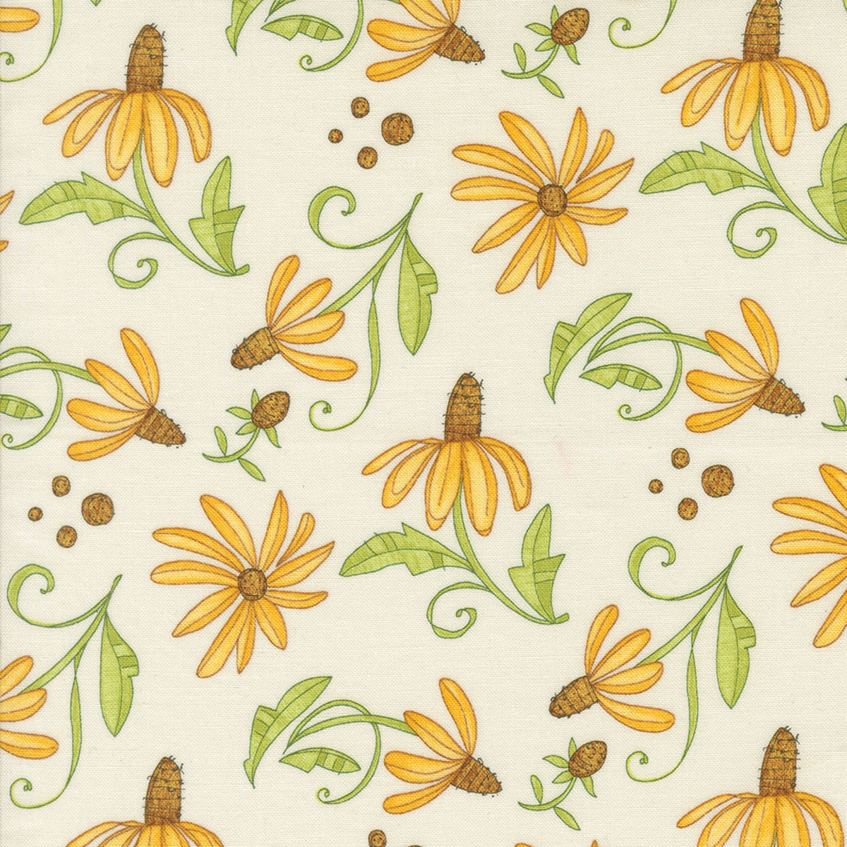 Superbloom Daisyish Cream Fabric by Robin Pickens for Moda Fabrics, close-up of golden-yellow flowers with brown centers and curling green stems on cream.