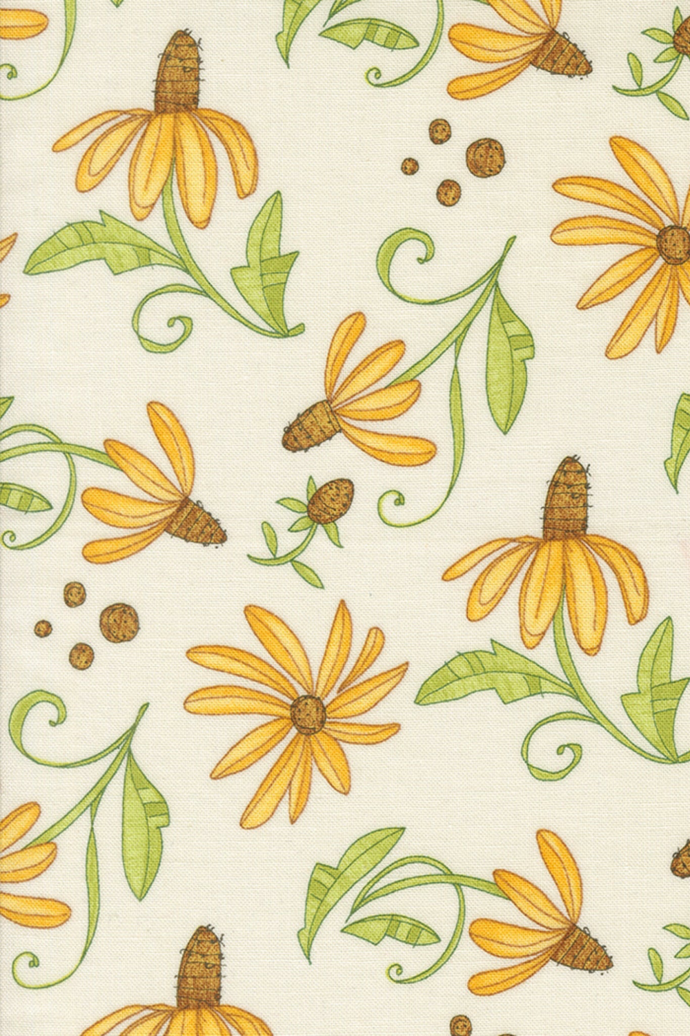 Superbloom Daisyish Cream Fabric by Robin Pickens for Moda Fabrics, close-up of golden-yellow flowers with brown centers and curling green stems on cream.