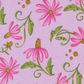 Superbloom Daisyish Freesia fabric by Robin Pickens for Moda Fabrics, featuring pink daisy-like flowers with golden-brown centers and curling green stems on a lavender-pink ground.