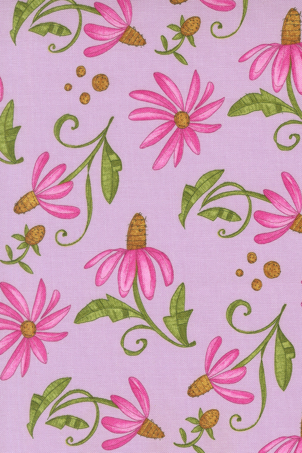 Superbloom Daisyish Freesia fabric by Robin Pickens for Moda Fabrics, featuring pink daisy-like flowers with golden-brown centers and curling green stems on a lavender-pink ground.