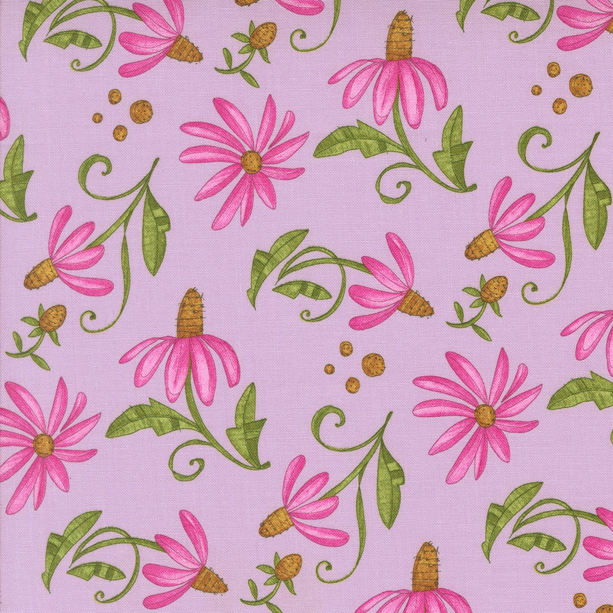 Superbloom Daisyish Freesia fabric by Robin Pickens for Moda Fabrics, featuring pink daisy-like flowers with golden-brown centers and curling green stems on a lavender-pink ground.