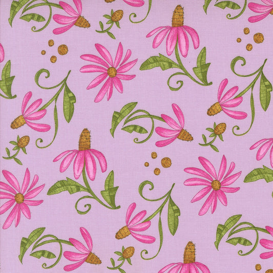 Superbloom Daisyish Freesia fabric by Robin Pickens for Moda Fabrics, featuring pink daisy-like flowers with golden-brown centers and curling green stems on a lavender-pink ground.