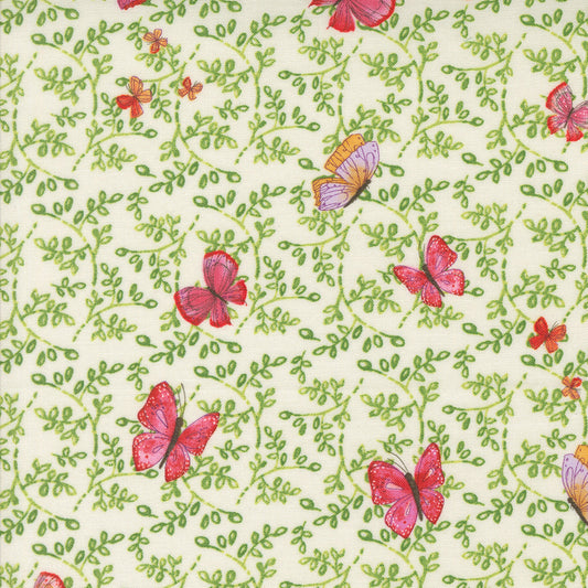 Superbloom Butterfly Trellis Cream Fabric by Robin Pickens for Moda Fabrics, close-up of colorful butterflies among curling leafy green vines on cream.
