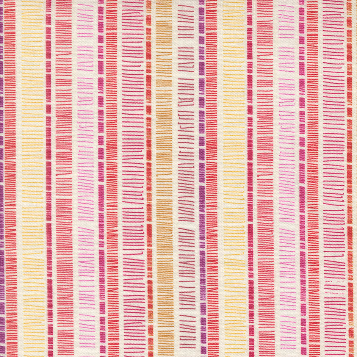 Superbloom Scribble Stripe Cream fabric by Robin Pickens for Moda Fabrics, featuring coral-red, pink, plum, and golden-yellow scribble stripes on a cream ground.