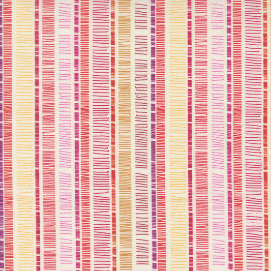 Superbloom Scribble Stripe Cream fabric by Robin Pickens for Moda Fabrics, featuring coral-red, pink, plum, and golden-yellow scribble stripes on a cream ground.